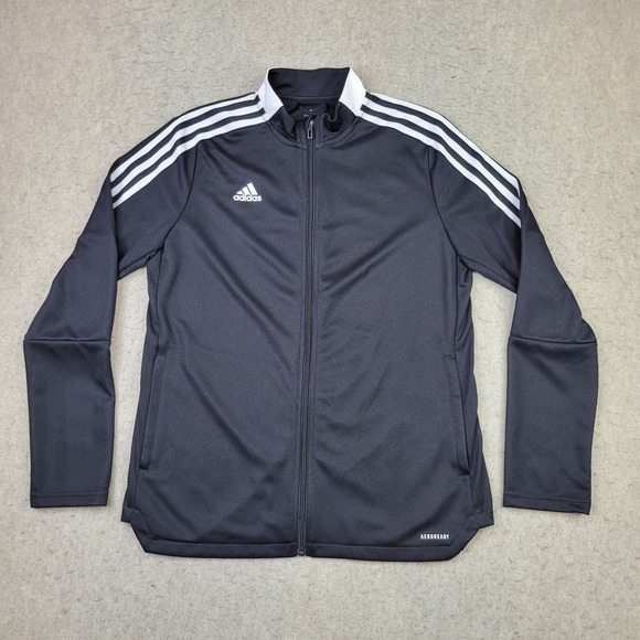 Adidas PrimeGreen Windbreaker Jacket Womens Large Three Stripe Black Full Zip - Picture 1 of 13
